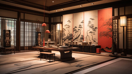 Traditional Japanese Reception Area with Decorative Noren Curtains