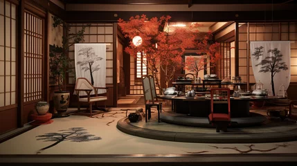 Fototapeten Traditional Japanese Reception Area with Decorative Noren Curtains © Magenta Dream