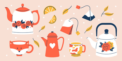 Vector cute tea time set. Collection of tea kettles, cups, mugs, tea bags, leaves and lemon slice.