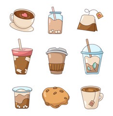 Cup coffee, tea cappuccino. Morning hot drink. Coffee break. Vector drawing. Collection of design elements.