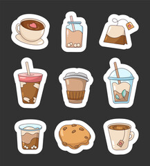 Cup coffee, tea cappuccino. Sticker Bookmark. Morning hot drink. Coffee break. Vector drawing. Collection of design elements.