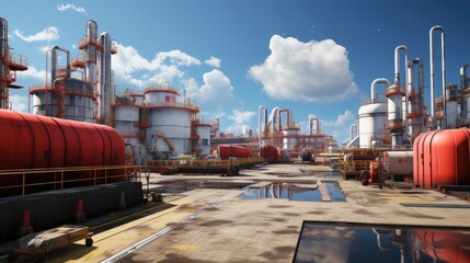 Oil and gas processing plant with pipe line valves. Industrial zone, Steel pipelines and valves blue sky. Oil pipeline valves in the oil and gas industry