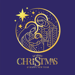 Merry christmas and happy new year - Gold line the nativity with mary and joseph in a manger with baby Jesus in circle curve shape frame with star around on purple background vector design - 655622454