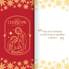 Christmas greeting card - Gold line the nativity with mary and joseph in a manger with baby Jesus in rectangular curve shape frame on red background and Greeting message vector design