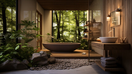 Japanese Bathroom with Natural Materials and Soaking Tub