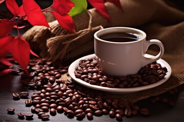 fair trade coffee beans around a coffee cup