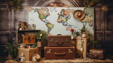 Vintage Travel Inspired Photo Booth and World Map Backdrop