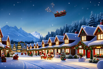 Christmas-decorated village scenery with a fantasy feel. Generative AI - obrazy, fototapety, plakaty