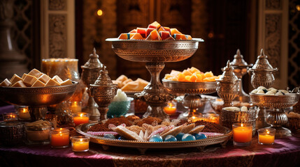 Arabic Desserts, Traditional Middle Eastern Sweets with Pastries and Ornate Silver Trays - obrazy, fototapety, plakaty