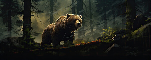 Grizzly bear in forest. wide banner - obrazy, fototapety, plakaty
