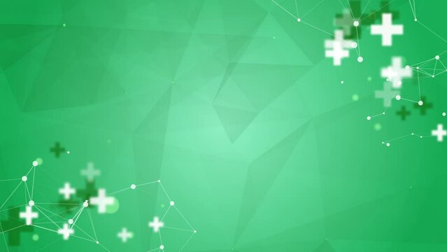 Green healthcare background with animated polygonal shapes. Blurred medical crosses and plexus lines with dots. Looped motion graphics.
