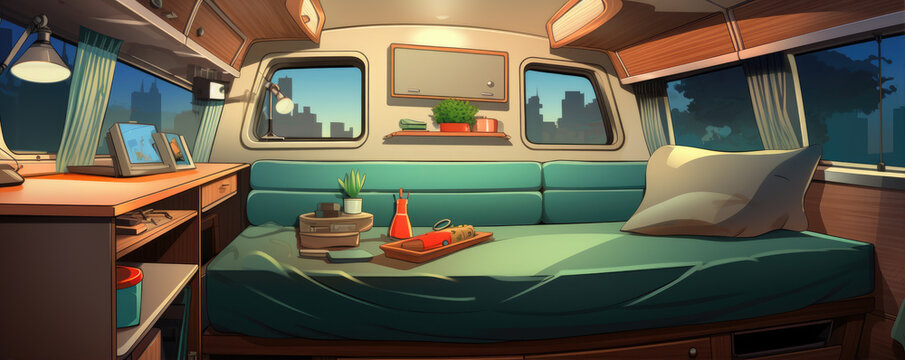 Van camping interior in the trailer of mobile home. cartoon style or illustrated picture.