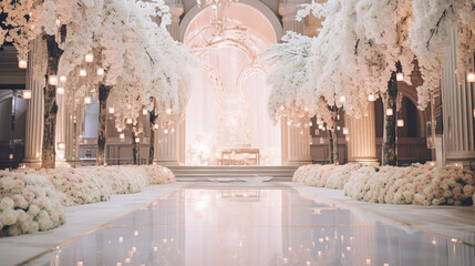 Glamorous ballroom Wedding Hall with Magnificent Flower Arrangements - obrazy, fototapety, plakaty