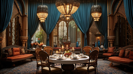 Fototapeta na wymiar Luxury Arabic Dining Room with Luxurious Ornament and Luxurious Silk