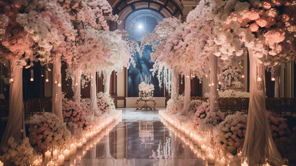 Glamorous ballroom Wedding Hall with Magnificent Flower Arrangements - obrazy, fototapety, plakaty