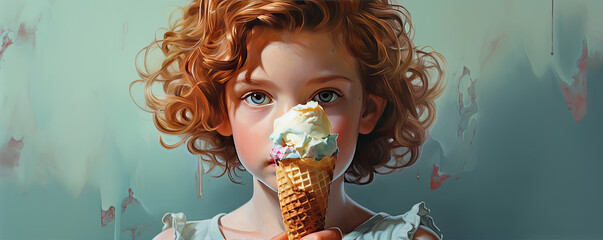 happy child eating ice cream. - obrazy, fototapety, plakaty