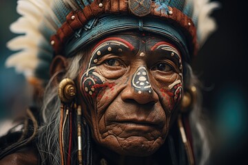 Obraz premium Close-up of a tribal leader adorned with traditional ornaments - Indigenous heritage - AI Generated