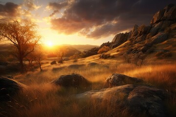 A breathtaking sunset over a rugged landscape