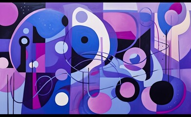 A vibrant and dynamic abstract composition with purple circles and shapes.