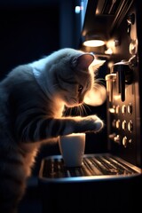 A domestic cat is mastering the coffee machine. Humanization of pets. concept animals imitating humans.