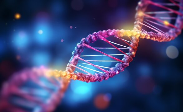 DNA structure with glow. DNA helix colorful genes chromosomes. Blurred background. 