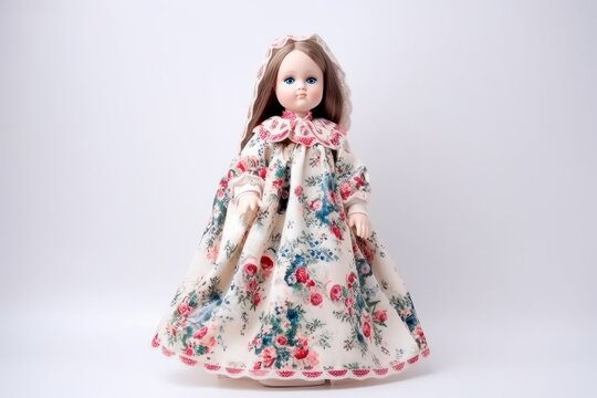 Old porcelain doll with beautiful dress. porcelain doll on white background