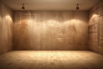 Empty room with dim lighting, used for showcasing products. Textured walls as background. Generative AI - obrazy, fototapety, plakaty