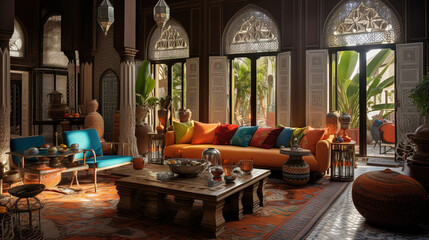 Beautiful Moroccan Living Room, Mosaic tiles, Colorful Textiles, Carved Wooden Furniture - obrazy, fototapety, plakaty