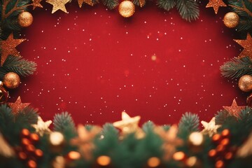 Christmas background with xmas tree and sparkle bokeh lights on red canvas background. Merry...