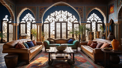Fototapeta na wymiar Beautiful Moroccan Living Room, Mosaic tiles, Colorful Textiles, Carved Wooden Furniture