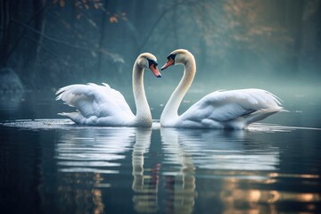 swan pair swimming together in a tranquil lake