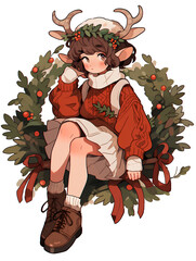 Young woman dressed in christmas theme and reindeer theme.Generative Ai