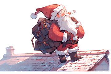 Santa Claus is holding a bag of presents and standing on the chimney of a house roof.Generative Ai