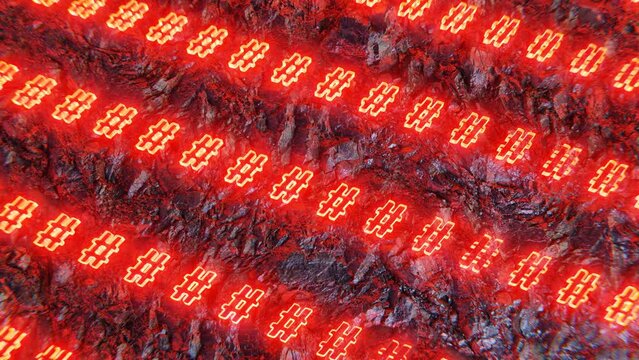 Rows of yellow hashtags glowing red, 3D render, social media strategy