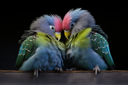 two budgies preening each others feathers