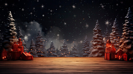 Illuminated christmas trees forest in on a snowy night close to christmas decorations in an artifical stage at twilight, Generative AI illustration
