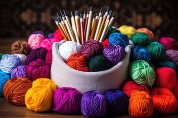 pile of colorful yarns with crocheting hooks & knitting needles