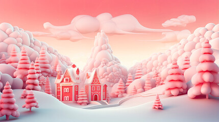 Pink christmas trees and houses in a forest at sunrise in a snowy sceney with clouds, Generative AI illustration