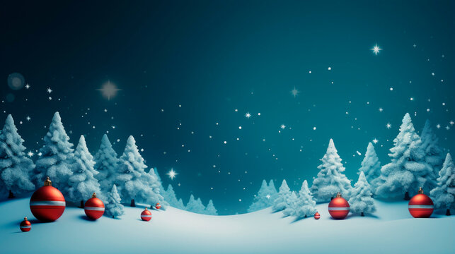 Christmas trees forest in on a snowy night with christmas decorations garlands and stars at twilight, Generative AI illustration - Powered by Adobe