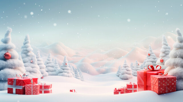 Decorated christmas trees with red garlands into a  forest on a snowy sunrise close to xmas gifts in red boxes , Generative AI illustration