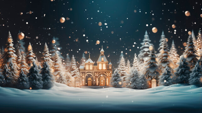 Illuminated christmas trees close to a luxury mansion into a forest with golden garlands falling from the sky, Generative AI illustration - Powered by Adobe