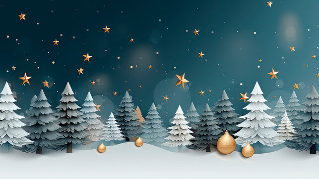 Christmas trees forest in on a snowy night with christmas decorations garlands and stars at twilight, Generative AI illustration - Powered by Adobe