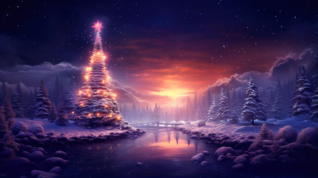 Illuminated christmas tree into the forest close to river in warm and magenta tones at sunset, Generative AI illustration