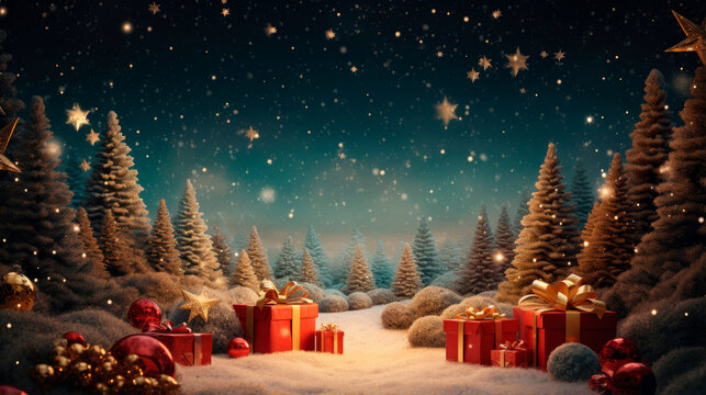 Illuminated christmas trees with red and golden garlands into a forest with snowy flakes with shape of stars  close to xmas gifts in red boxes , Generative AI illustration