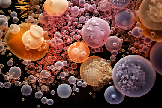 Highly magnified richly detailed macro images of yeast cells interplay 