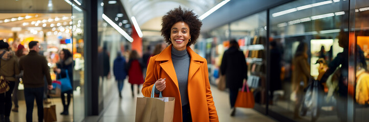 Afroamerican woman smiling with shopping bag in shopping center - obrazy, fototapety, plakaty