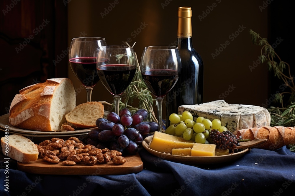 Canvas Prints greek-style wine and cheese spread with olives and bread