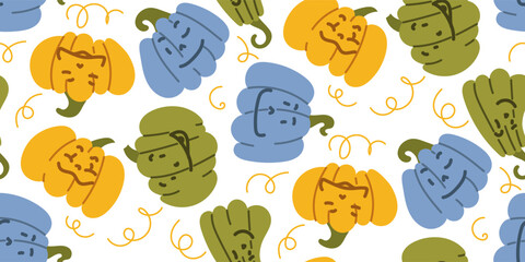 Seamless pattern of colored pumpkins for Halloween with emotions in confetti. Halloween or Thanksgiving party pumpkin decorations vector background illustration. Endless design of flat pumpkins