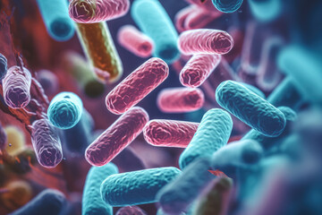 Ultra-close macro view of probiotic bacteria teeming in the human gut 