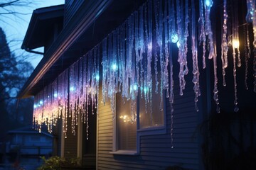 glowing icicle lights hanging down from rain gutters